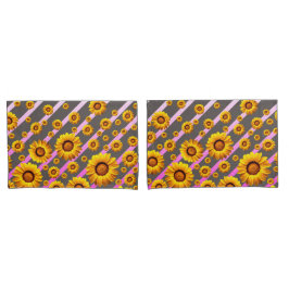 Mooie gele bloemen op grijze, roze strepen kussensloop