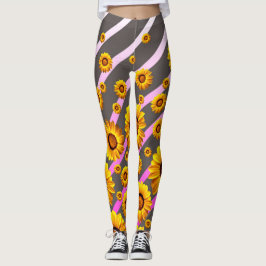 Mooie gele bloemen op grijze, roze strepen leggings