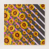 Mooie gele bloemen op grijze, roze strepen legpuzzel (Horizontaal)