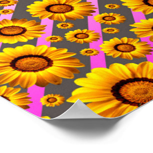 Mooie gele bloemen op grijze, roze strepen poster