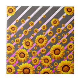 Mooie gele bloemen op grijze, roze strepen tegeltje