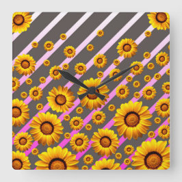 Mooie gele bloemen op grijze, roze strepen  vierkante klok