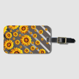 Mooie gele bloemen op grijze zilveren strepen bagagelabel