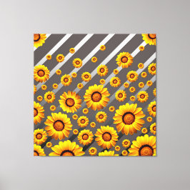 Mooie gele bloemen op grijze zilveren strepen canvas afdruk