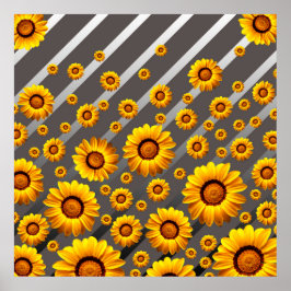 Mooie gele bloemen op grijze zilveren strepen poster