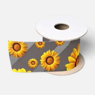Mooie gele bloemen op grijze zilveren strepen satijnen lint