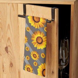 Mooie gele bloemen op grijze zilveren strepen theedoek