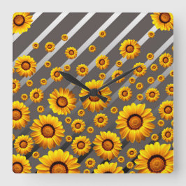 Mooie gele bloemen op grijze zilveren strepen  vierkante klok