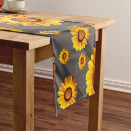 Mooie gele bloemen op grijze, zwarte strepen korte tafelloper