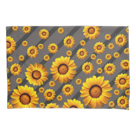 Mooie gele bloemen op grijze, zwarte strepen kussensloop