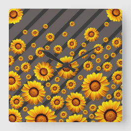 Mooie gele bloemen op grijze, zwarte strepen vierkante klok