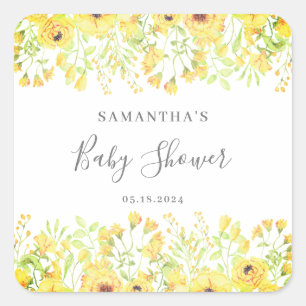 Mooie Gele Bloemige Geslacht Neutrale Baby Shower Vierkante Sticker