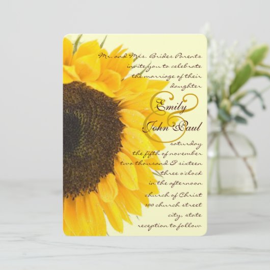 Mooie gele elegantie zonnebloem bruiloft kaart (Staand voorkant)