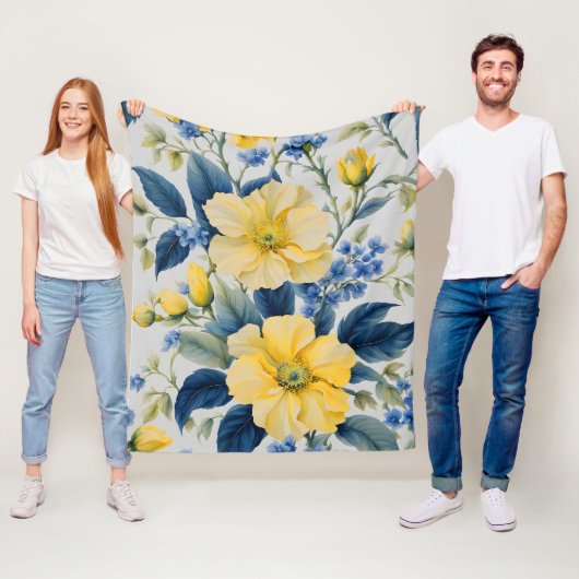 Mooie gele en blauwe bloemen fleece deken (In situ)