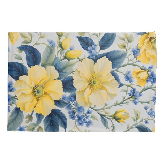 Mooie gele en blauwe bloemen kussensloop (Achterkant-Links)