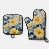 Mooie gele en blauwe bloemen ovenwant & pannenlap set (Voorkant)