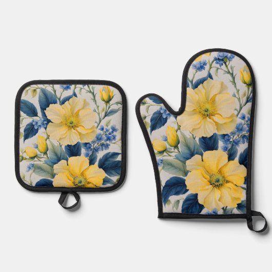 Mooie gele en blauwe bloemen ovenwant & pannenlap set (Voorkant)