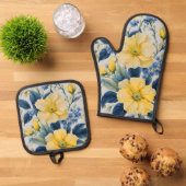 Mooie gele en blauwe bloemen ovenwant & pannenlap set (Top down)