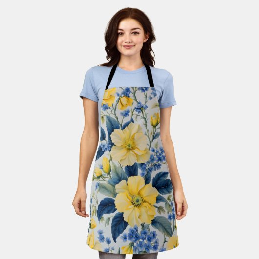 Mooie gele en blauwe bloemen schort (Gedragen)