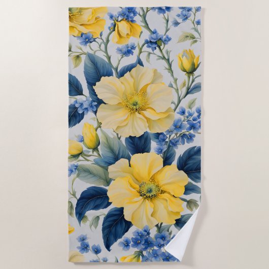 Mooie gele en blauwe bloemen strandlaken (Voorkant)
