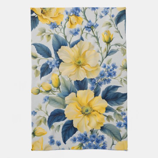 Mooie gele en blauwe bloemen theedoek (Verticaal)