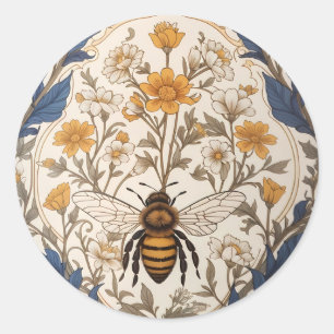 Mooie Gele en Blauwe Bloemige Vintage Bij Ronde Sticker