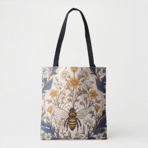 Mooie Gele en Blauwe Bloemige Vintage Bij Tote Bag