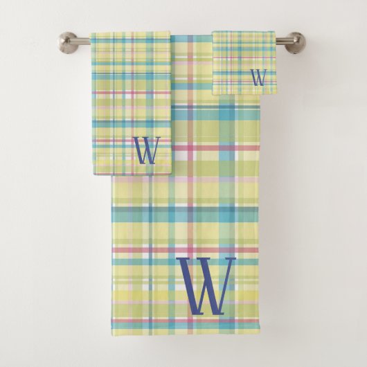 Mooie Gele en Blauwe Ruit Monogram Bad Handdoek (Insitu)