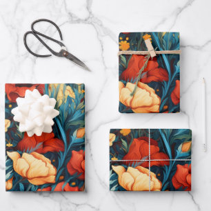 Mooie gele en rode bloemen Botanische Print Inpakpapier Vel