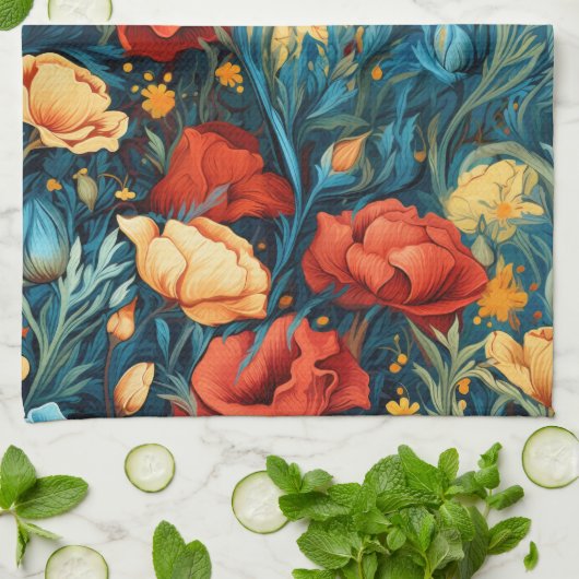 Mooie gele en rode bloemen Botanische Print Theedoek (Gevouwen)