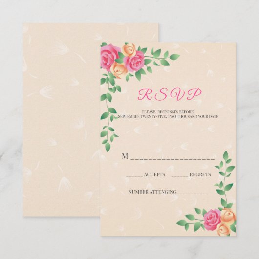 Mooie gele en roze rozen RSVP kaartje (Voorkant / Achterkant)