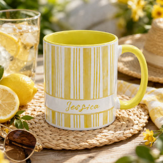 Mooie Gele Gestreepte Op Maat Gemaakte Naam Koffie Mok