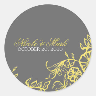 Mooie Gele & Grijze Bloemen Bruiloft Ronde Sticker