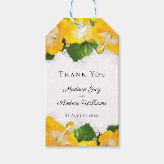 Mooie Gele Hibiscus Bloem Kunst Bedankt Cadeaulabel (Voorkant)