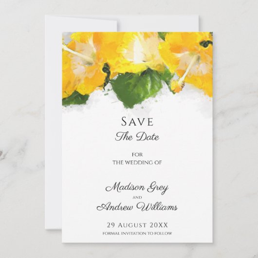 Mooie Gele Hibiscus Bloem Kunst Save The Date (Voorkant)