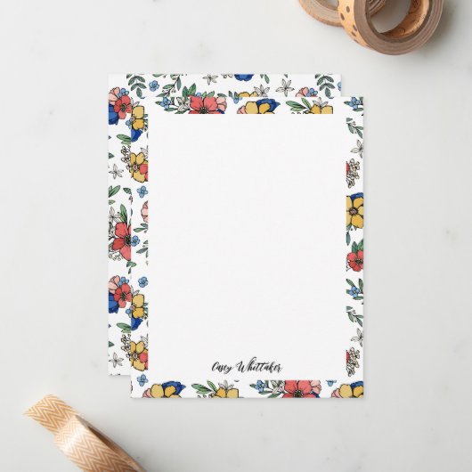 Mooie gele koraal blauwe bloemnaam in script notitiekaartje (Voorkant / Achterkant in situ)