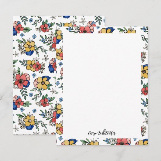 Mooie gele koraal blauwe bloemnaam in script notitiekaartje (Voorkant / Achterkant)