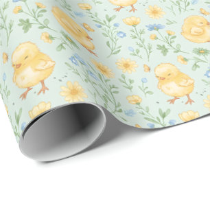 Mooie Gele Kuikens en Bloemen Patroon Cadeaupapier