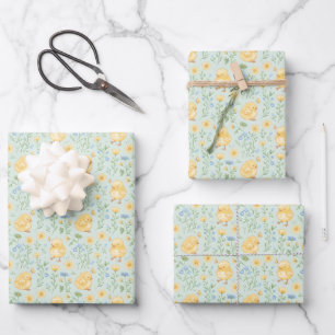 Mooie Gele Kuikens en Bloemen Patroon Inpakpapier Vel