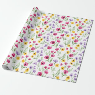 Mooie Gele, Paarse, Roze Bloemige Waterverf Cadeaupapier