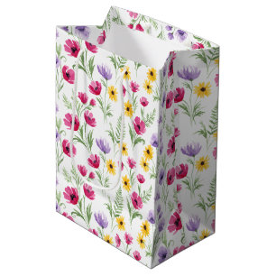 Mooie Gele, Paarse, Roze Bloemige Waterverf Medium Cadeauzakje