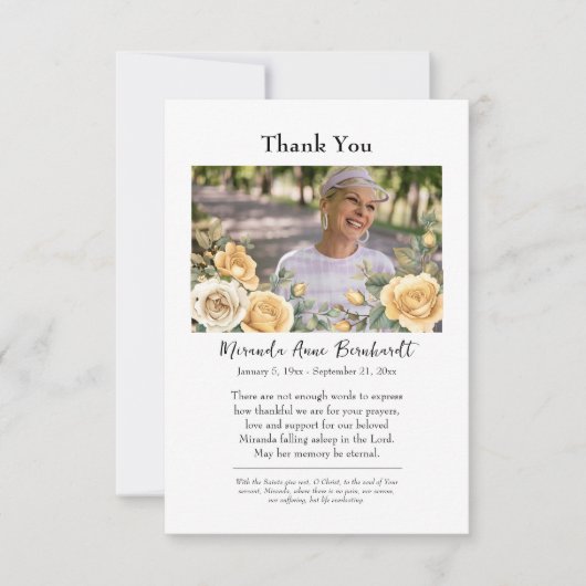 Mooie gele rozen foto Orthodoxe begrafenis Bedankkaart (Voorkant)