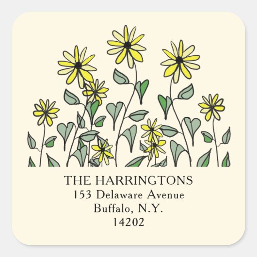 Mooie Gele Wilde Bloemen Leuke Vierkante Retouradr Sticker (Voorkant)