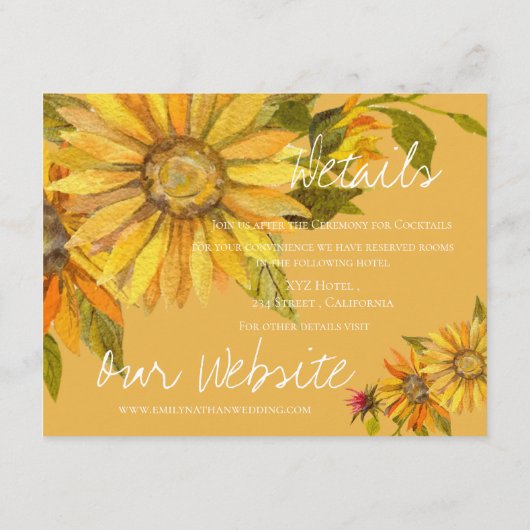 Mooie gele zonnebloem bloemenbruiloft informatiekaartje (Achterkant)