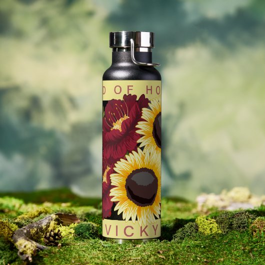 Mooie Gele Zonnebloem Bruidsmeisje Naam Bruiloft Waterfles (Buiten)