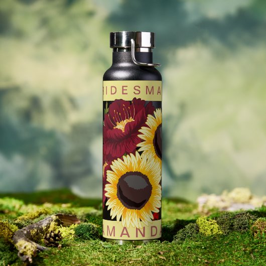 Mooie Gele Zonnebloem Bruidsmeisje Naam Bruiloft Waterfles (Buiten)