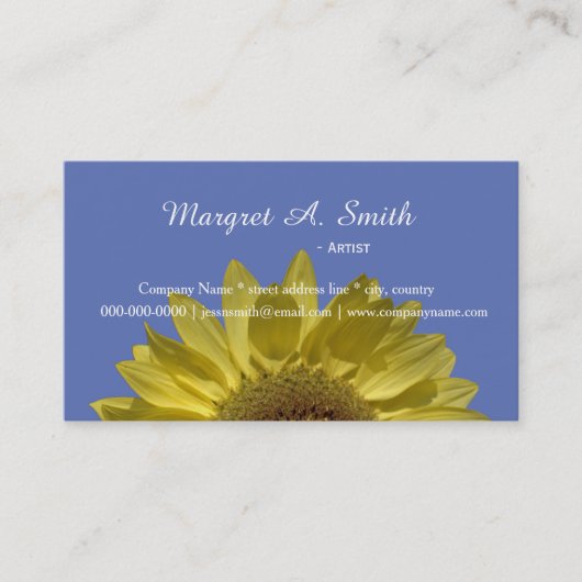 Mooie gele zonnebloem in blauw professioneel visitekaartje (Voorkant)