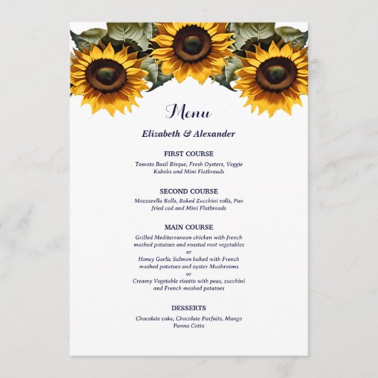 Mooie gele zonnebloemen bruiloft menu (Voorkant)