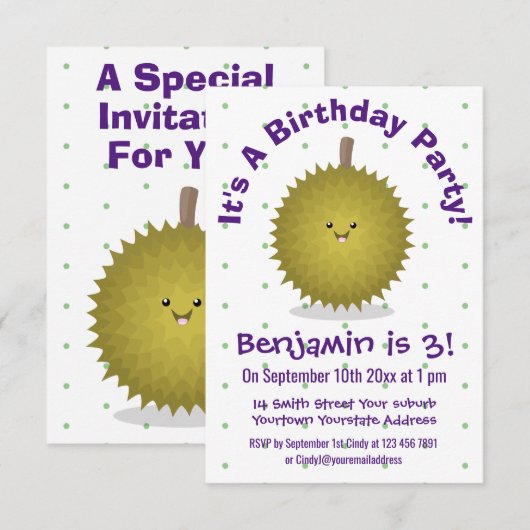 Mooie gelukkige durian cartoonillustratie kaart (Voorkant / Achterkant)