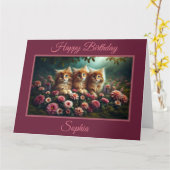 Mooie gember Kittens met Pink Flowers Kaart (Gele Bloem)